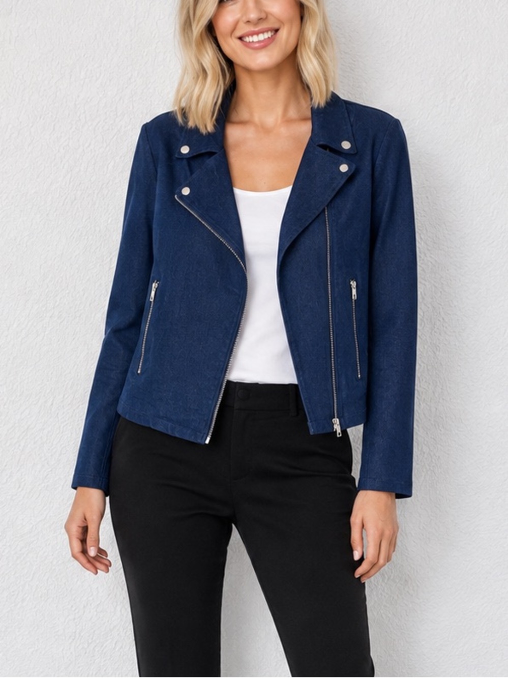 Lulus Blue Moto Jacket Cropped Asymmetrical Zip Denim Look Edgy Casual size M